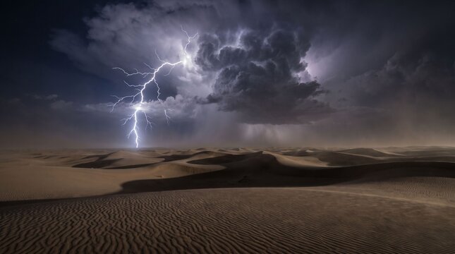 Dramatic lightning strike over desert sand dunes under dark storm clouds at night, featuring powerful electric weather phenomena in an arid wilderness landscape.