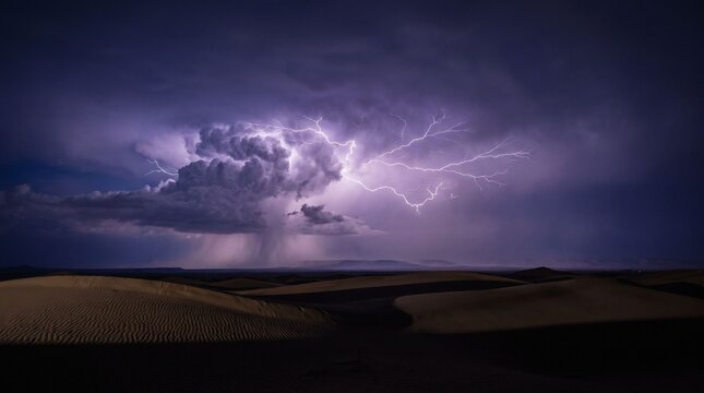 Dramatic lightning storm striking over dark desert sand dunes under a purple night sky, featuring powerful electrical discharges and heavy rain clouds in a vast wilderness landscape.