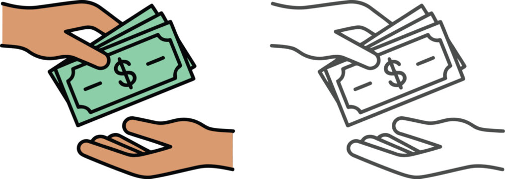 Human hand giving paper money cash to another hand icon set