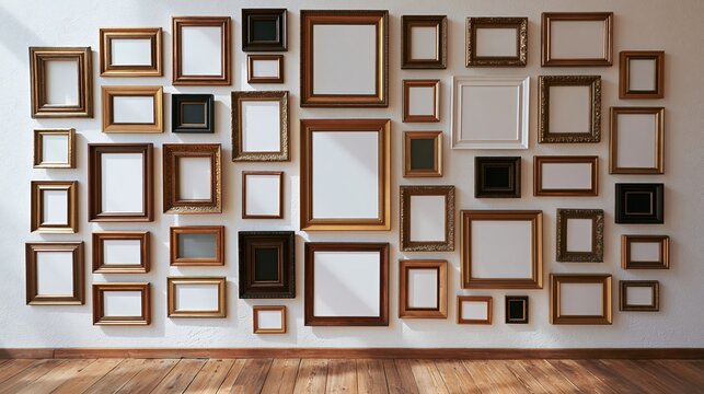 Collection of empty picture frames arranged on wall