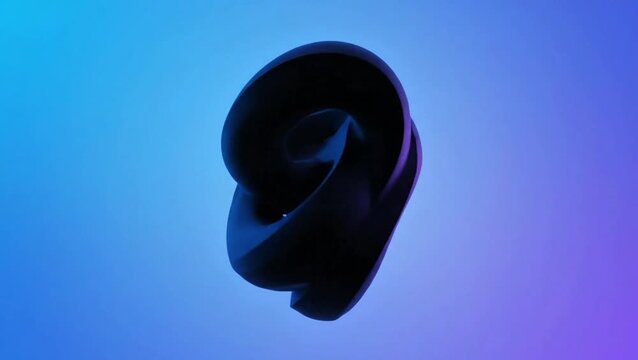 Abstract dark 3D twisted shape floating against a soft blue and purple gradient background.