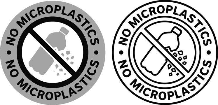 No microplastics circular label icon set with plastic bottle and prohibition sign