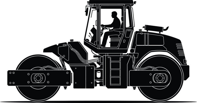 Road roller compactor with operator silhouette side view black and white vector illustration