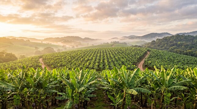 Expansive banana plantation landscape at sunrise with rolling hills
