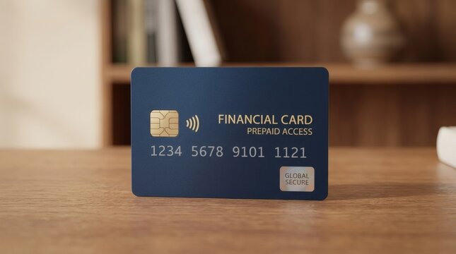 Blue financial prepaid access dummy card standing on a wooden office desk