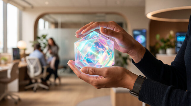 Person holding a glowing geometric object in a modern office