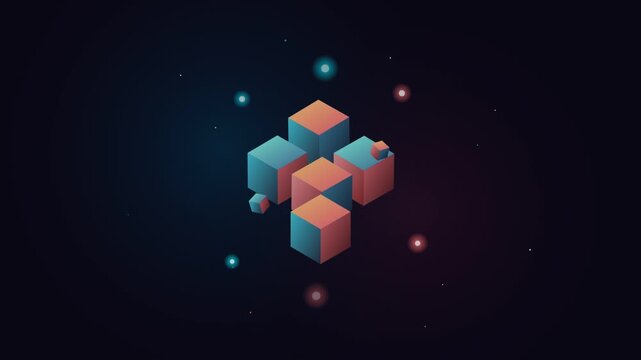 Isometric 3d cubes rotating in a dark digital space with glowing particles