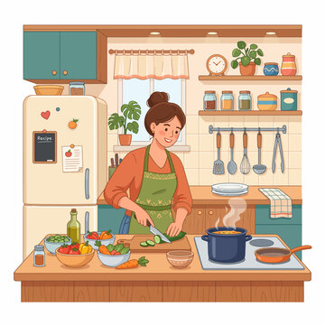 Cozy kitchen scene with a cheerful woman cooking, cutting vegetables, and preparing a meal
