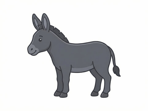 A cute cartoon illustration of a small grey donkey standing on a white background.