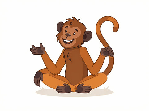 A friendly cartoon monkey sitting in a cross legged position and waving.