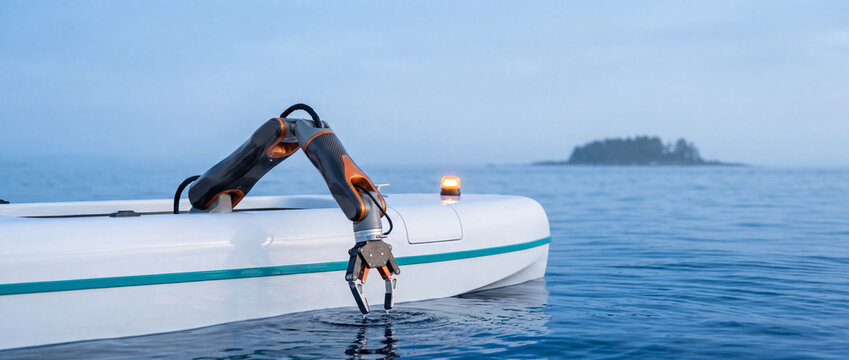 Autonomous boat with a robotic arm on calm water