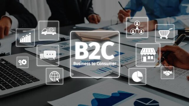 Explore the business to consumer concept illustrated with digital icons in a modern office, focusing on strategies and analytics to enhance market engagement and user experience. Raster