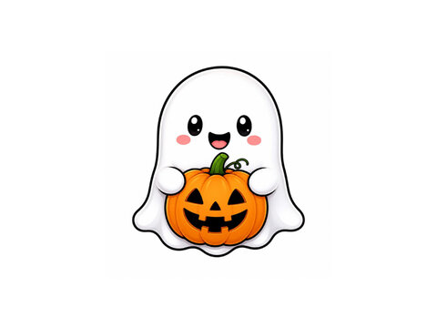 Cute ghost holding jack o lantern pumpkin halloween