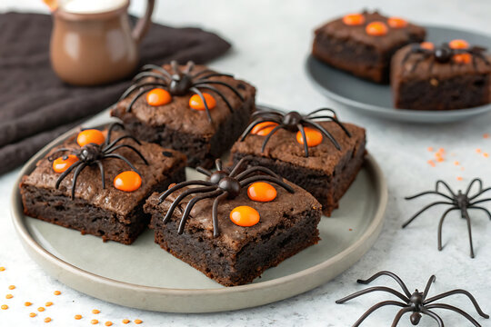 Spooky Halloween brownies decorated with chocolate spiders and orange candy, rich chocolate texture, festive arrangement, photorealistic food photography, no text.