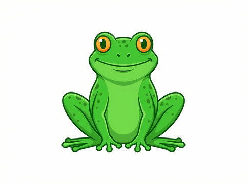 A friendly green cartoon frog sitting and looking forward.