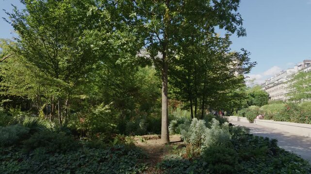 Green urban park with a walking path, lush trees, and classic Parisian architecture