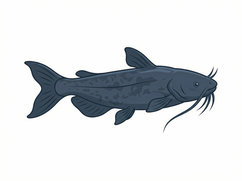 A detailed illustration of a dark blue catfish swimming in profile.