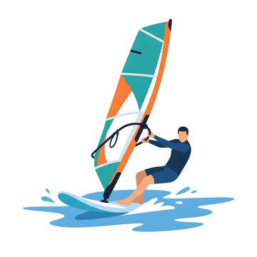 Windsurfer riding the waves on a board with a large colorful sail during a sunny day.