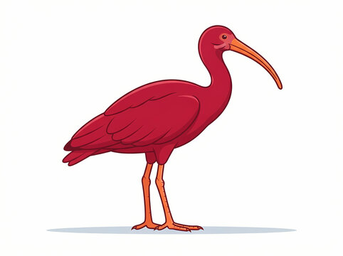 A vibrant scarlet ibis bird standing in profile against a plain white background.
