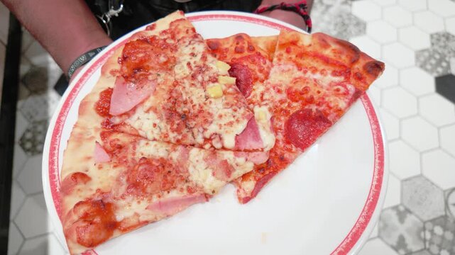 Assorted Pizza Slices on White Plate with Red Border Detail