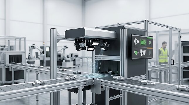 An automated industrial manufacturing plant where a conveyor belt carries car parts under a high-precision camera scanner system with live display monitors and a technician monitoring the background.