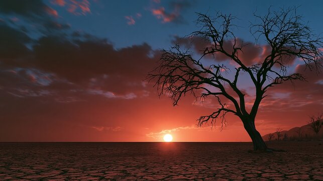 Bare tree silhouette against vibrant sunset sky