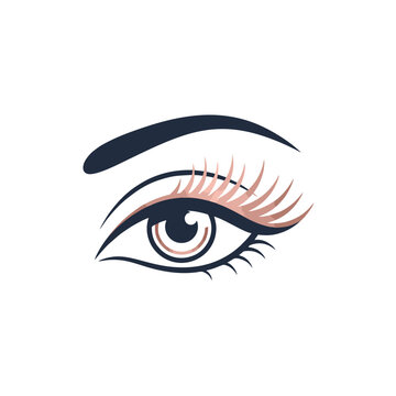 Stylized female human eye symbol featuring long curved eyelashes and dark brow for beauty salon branding or cosmetology business logos that require a feminine aesthetic touch for marketing