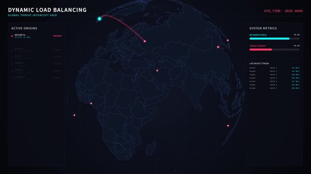 Futuristic digital world map with dynamic load balancing cyber threat interception, for global network security, data monitoring, traffic routing, advanced information technology