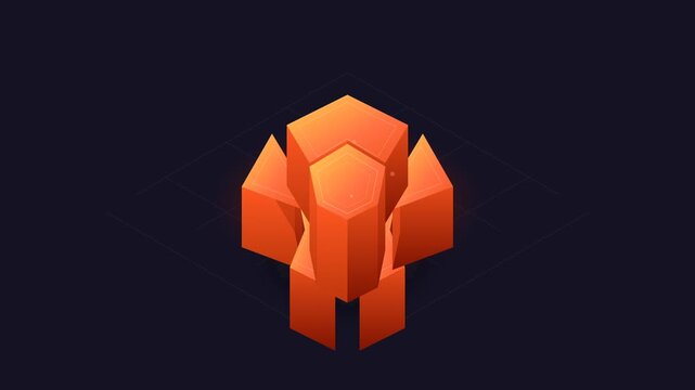 Isometric 3d geometric shapes transforming and glowing with orange light against dark background