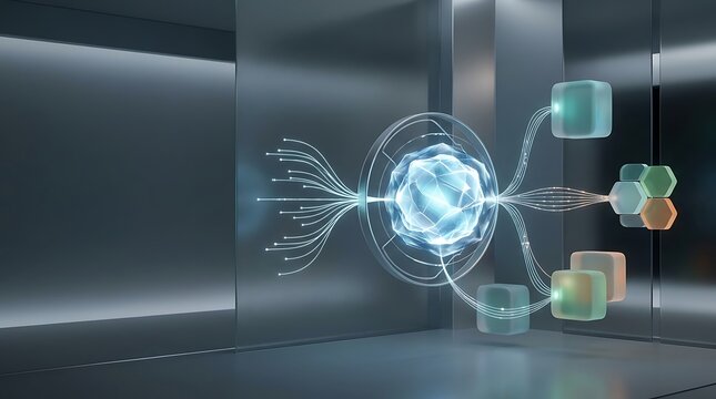 An abstract high-tech visual depicting a central glowing energy sphere routing data streams from raw input lines into organized, floating geometric modules on a sleek dark background.