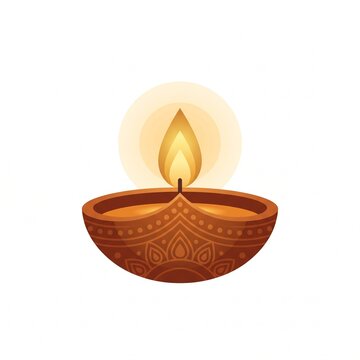 Flat vector illustration of traditional brown Diwali diya oil lamp with glowing flame.