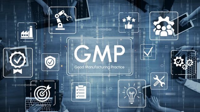 Good Manufacturing Practice Concept Illustrated with Digital Icons Representing Quality Control, Compliance, and Efficiency in Production Environments. Entropy.