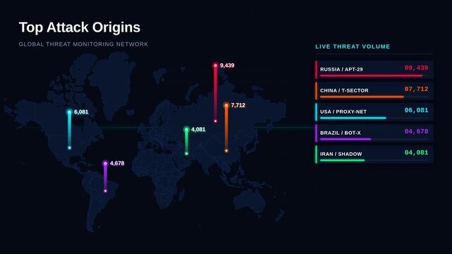 Global threat monitoring network with live cyber attack origins on world map, for digital security, data protection, network traffic analysis, international internet surveillance operations