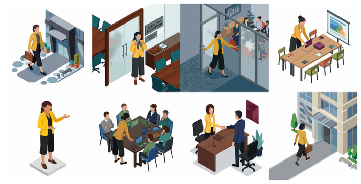 Isometric Business Woman Professional Set including Office Meetings, Presentations, and Corporate Scenes