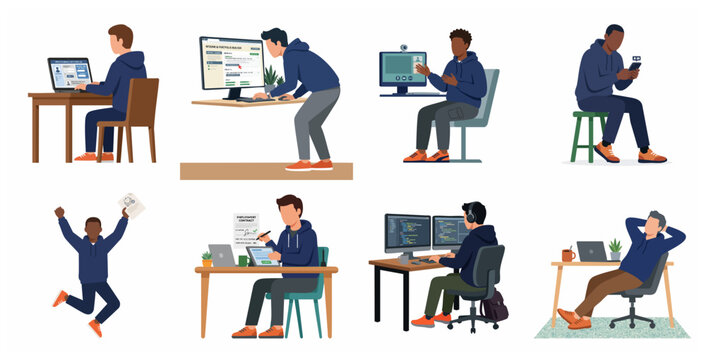 Set of flat illustrations showing the career journey from job search and interview to signing a contract and working remotely.