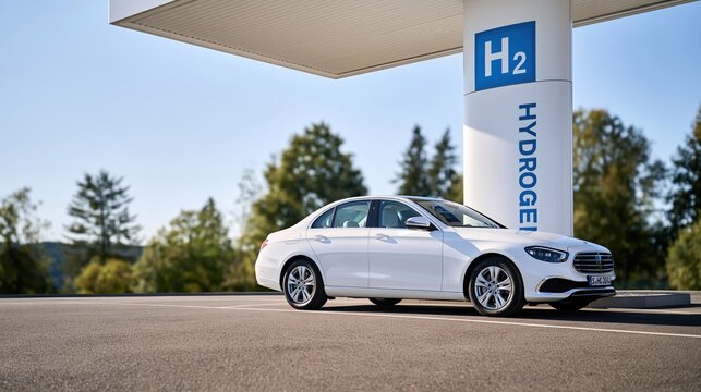 White car parked at hydrogen fueling station