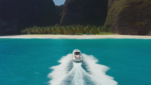 Boat cruising near isla espiritu santo tropical island