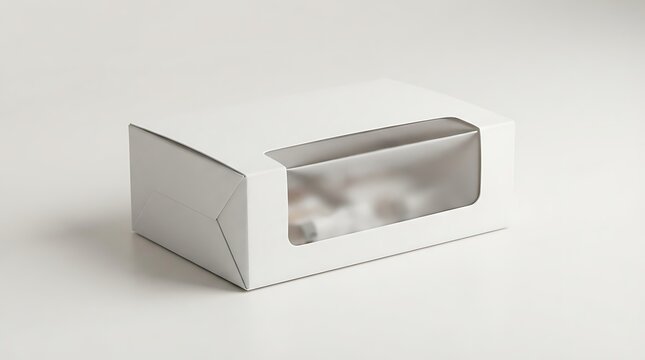 Small white cardboard box with a clear plastic window for food packaging and retail product display. frosted window packaging