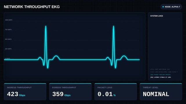 Network throughput ekg interface with ddos attack server anomaly mitigation, for cyber security monitoring, data traffic analysis, system protection, network defense operations