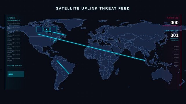 Satellite uplink threat feed with world map with data transfers, for global cybersecurity monitoring, network surveillance, digital defense systems, international information technology
