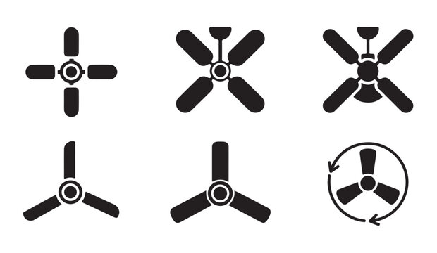 Collection of ceiling fan blade icons with simple black silhouettes for modern interior ventilation systems.