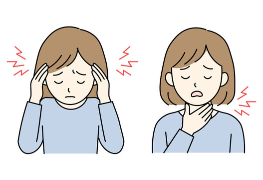 woman suffering from headache and sore throat symptom set illustration