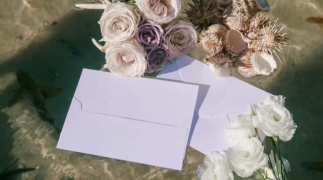 Wedding invitations and flowers floating in clear water