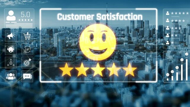 Customer feedback and satisfaction rating system showing star review, happy face, performance score, and service evaluation to improve customer experience Marrow
