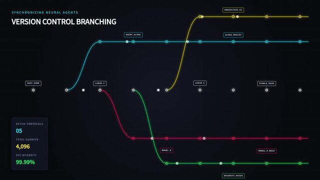 Version control branching interface with neural agents data workflows, for software development, code management, project tracking, digital system integration