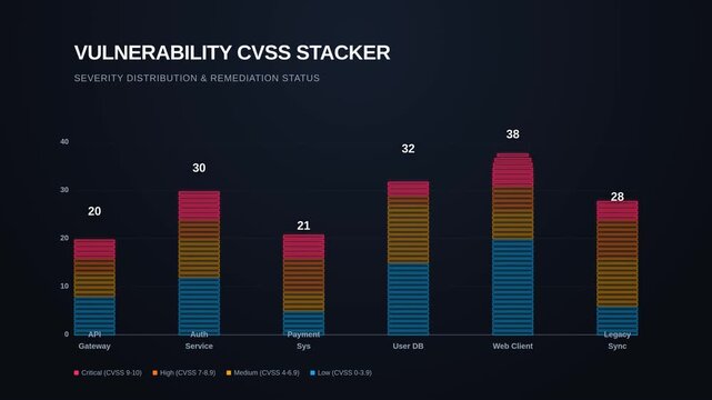 Vulnerability cvss stacker chart with security severity distribution remediation status, for risk management, cyber security, software auditing, compliance tracking metrics