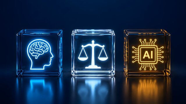 Artificial intelligence ethics concept with glowing glass cubes displaying digital brain justice scales and microchip representing cyber law