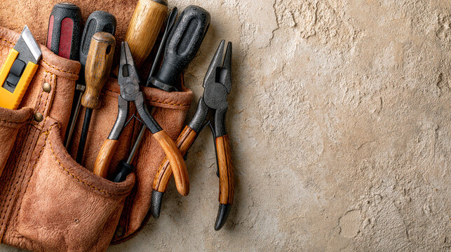 Assorted construction tools including screwdrivers and pliers neatly arranged inside a worn brown leather tool belt resting on a textured light beige concrete floor surface area