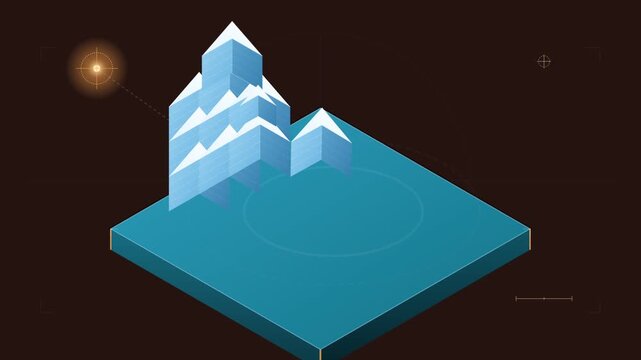 Isometric digital infographic animation with mountains rising and sinking on a blue platform