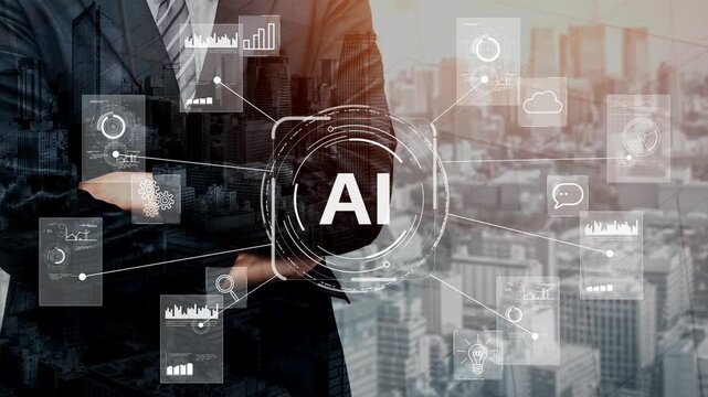 Business Professional Overlooking Cityscape with AI Technology Graphics Symbolizing Innovation and Future Development in Urban Environment. Entropy.